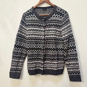 Talbots Women's Fair Isle Cardigan Sweater XL Gray Black White Beaded Cozy